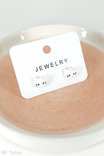 BP Tattoo Minik Kitty Beyaz Renk 2'li Küpe