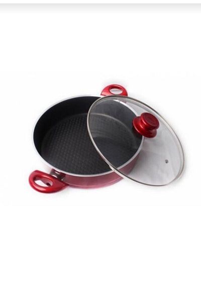 EVİNDA 26 Cm Glass Lid Double Handle Teflon Flap Pot