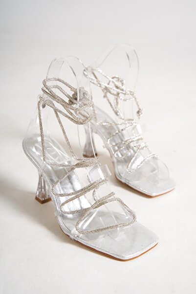Modabuymus Nunush Pantofi de seara cu toc, cu dantelă, cu bandă transparentă, argintiu