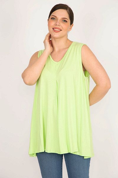 Şans Women's Green Large Size Front A Pleated V-Neck Sleeveless Tunic 65n36082