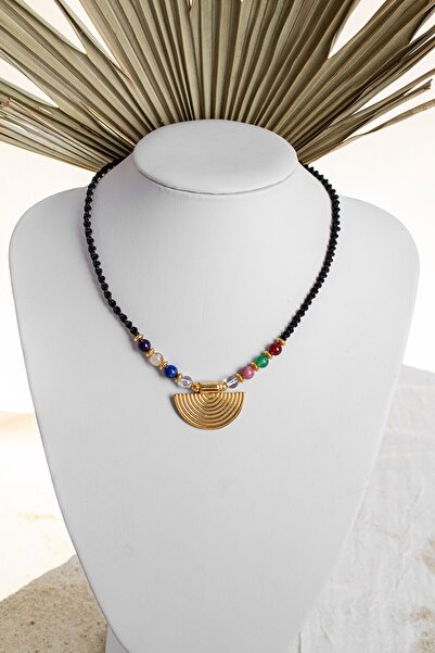 ÇAKRA DOĞAL TAŞ Çakra Makrome Örgü Doğal Taşlı Altın Kaplama Yelpaze Kolye