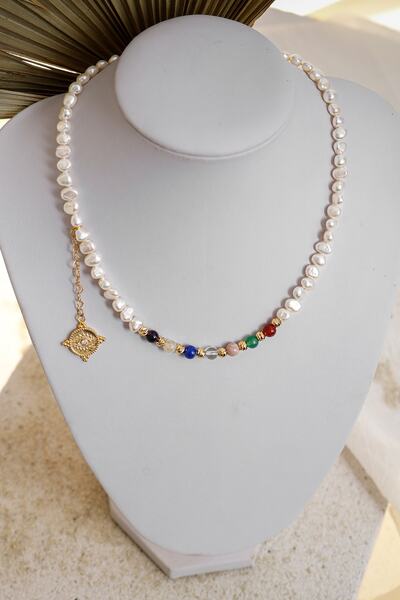 ÇAKRA DOĞAL TAŞ 7'li Çakra Inci Doğal Taşlı Zirkon Altın Kaplama Kolye