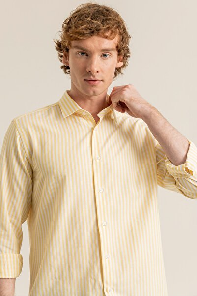 alenmeza Men's Yellow Striped Cotton Oxford Shamre Modern Fit Pocketless Shirt