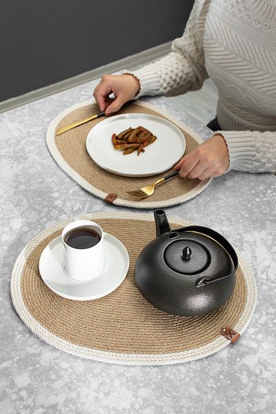 Homever 2 τεμάχια 30x40cm Οβάλ Λευκή Λωρίδα Αμερικάνικης Σέρβις Ψάθινη Πλεκτή Σετ Παρουσίασης Supla