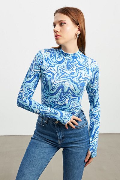 Bipantolon Body de damă cu model marmorat albastru cu detaliu