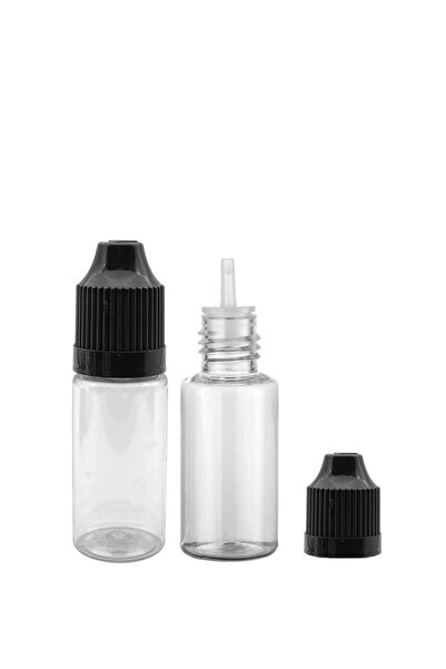 Güvenç Ambalaj 100 Adet - 10ml Şeffaf Plastik Likit Şişesi - Iğne Uclu Damlalıklı Pet Şişe, Siyah Kapaklı
