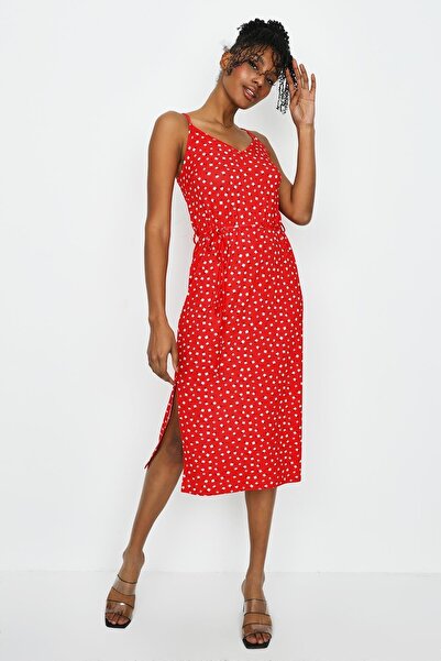 Select Moda Kadın Kırmızı V Yaka Desenli Yırtmaç Detaylı Uzun Elbise