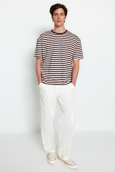 Trendyol Collection Jasnobrązowa, prążkowana, oversize'owa koszulka z okrągłym dekoltem - Tmnss20Ts0511