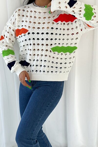 FEMELLE Women's New Season Low Shoulder Color Detailed Openwork Knitwear Sweater