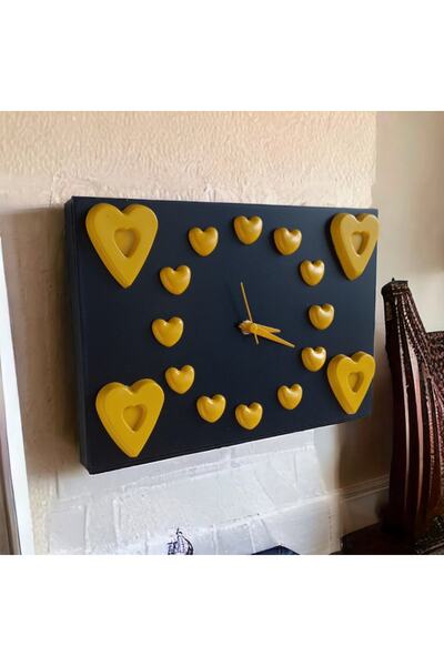 Bahat Yellow Black Wooden 3D Heart Living Room Office Wall Clock Without Glas...