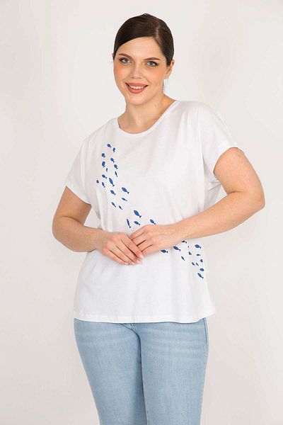Şans Women's Bone Large Size Cotton Fabric Front Printed Blouse 65n36097