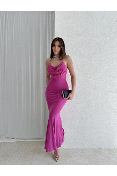 Afiş Butik Fuşya Sırt Detaylı Balık Kesim Midi Boy Elbise