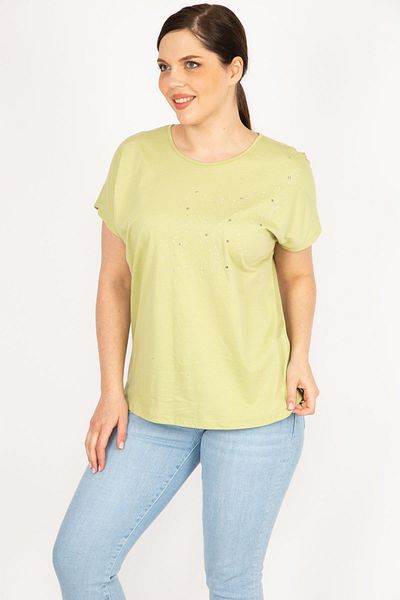 Şans Women's Green Large Size Cotton Fabric Stone Detailed Blouse 65n36094
