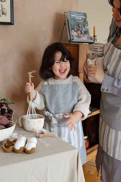 vivamaison Cotton Linen Gray Striped Pocketed Children And Adult Kitchen Apron Set 2 Pieces