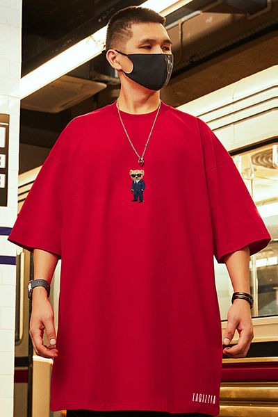 la gizzia Chest Printed Large Size Oversize Black Gray White Claret Red Poor Sleeve Tunic T-Shirt