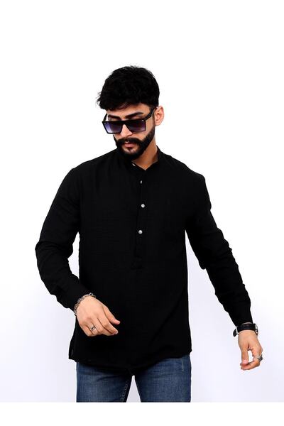 hammerland Ανδρικό πουκάμισο με μισό κουμπί γιακά χιτώνα-μαύρο Hmd0007