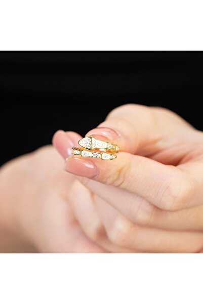 Tesbihane Zirkon Taşlı Snake Tasarım Gold Renk 925 Ayar Gümüş Kadın Yüzük