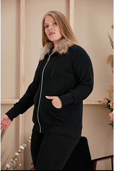Genel Markalar Kapşonu Kürklü Büyük Beden Siyah Sweatshirt