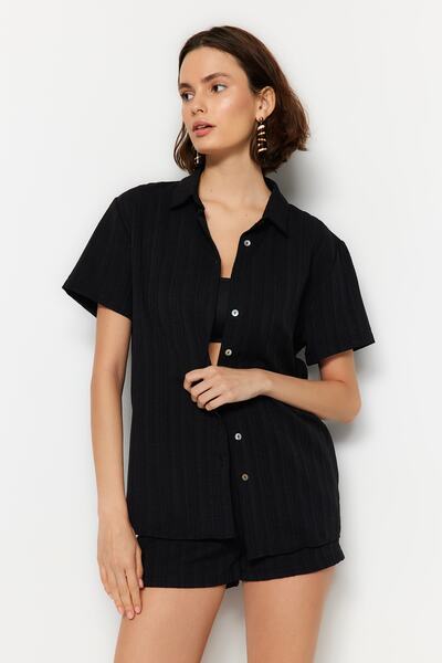 Trendyol Collection Black Woven Linen Blended Shirt Shorts Beach Suit Tbess23Au00054
