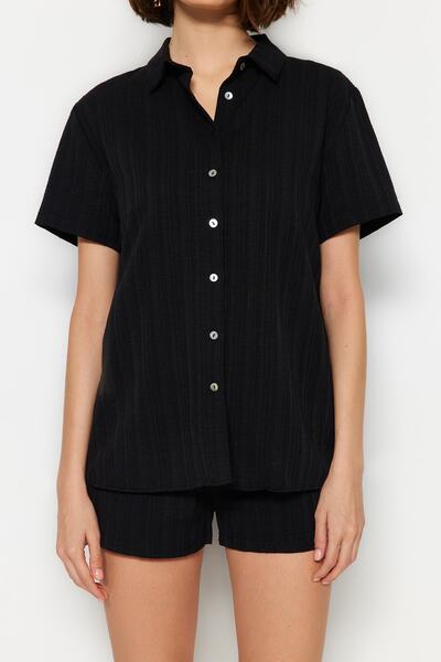 Trendyol Collection Black Woven Linen Blended Shirt Shorts Beach Suit Tbess23Au00054