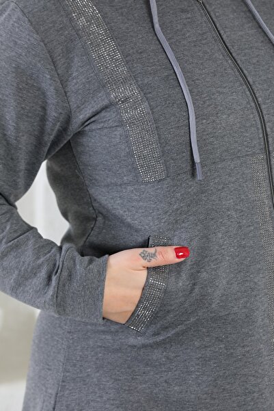 WestBound Gray Stone Detailed Zippered Hooded Hijab Battal Women's Tracksuit Set