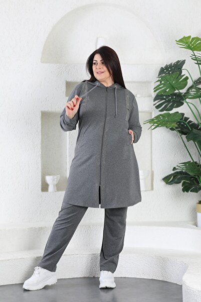 WestBound Gray Stone Detailed Zippered Hooded Hijab Battal Women's Tracksuit Set
