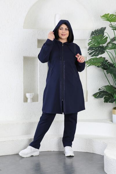 WestBound Navy Blue Stone Detailed Zippered Hooded Hijab Battal Women's Tracksuit Set