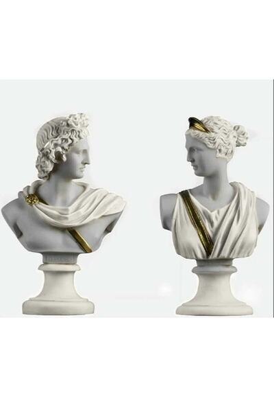 DERYA DESİNG ART Dekoratif Apollo Diana Set Gri Beyaz Heykel Biblo Büst