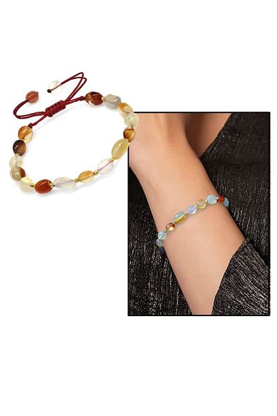 Tesbihane Macrame Braided Natural Cut Agate Natural Stone Women's Bracelet
