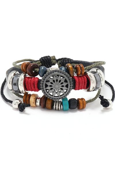 Tesbihane Multi-Layer Black Leather & Metal Alloy Combination Ethnic Design Retro Women's Bracelet with Sun Detail