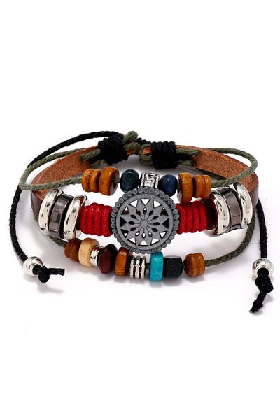 Tesbihane Multi-Layer Leather & Metal Alloy Combination Ethnic Design Sun Detailed Retro Women's Bracelet