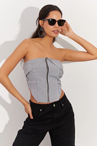 Cool & Sexy Γυναικεία Μπλούζα Στράπλες με Ριγέ Λευκό-Μαύρο με φερμουάρ SF1561