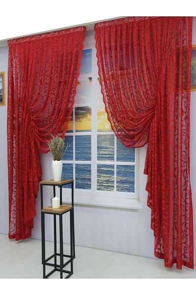 Artper Perdeniz Gathered 2 Wings Tulle Background Curtain Red