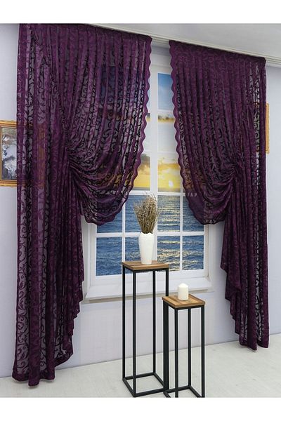 Artper Perdeniz Gathered 2 Wings Tulle Background Curtain Plum