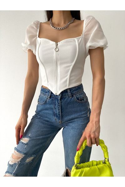 alenmoda Γυναικεία Crop μπλούζα με κοντό μανίκι σιφόν με φερμουάρ