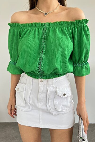 lovebox Women's Cotton Fabric Strapless Collar Waist Elastic Detailed Stylish Design Green 40/42 Cm Blouse 10369