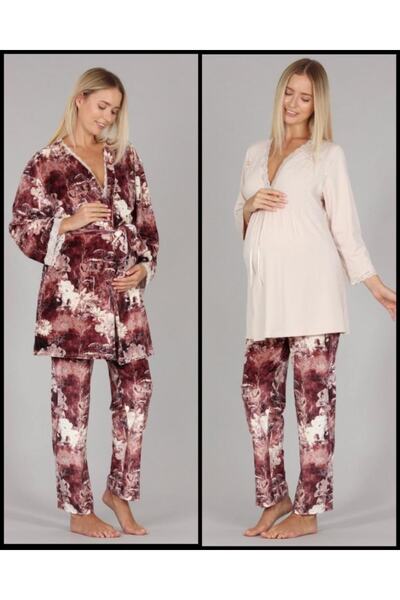 Bone Club 5301 Beige Velvet Maternity 3-Piece Pajamas Dressing Gown Tk