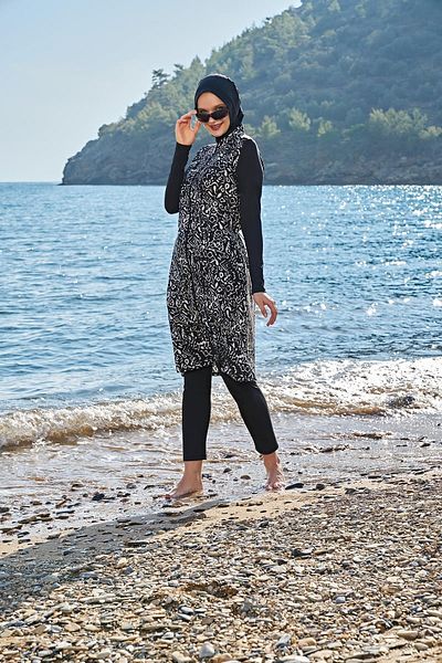 Ruko Maio Women's Long Sleeve Zippered Lycra Long Black Full Hijab Swimsuit 2c3t1n17-2