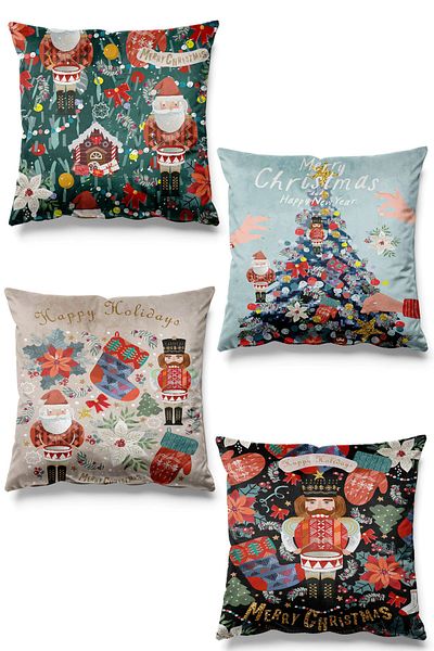 Pilloveland Set de 4 huse de pernă din piele intoarsa cu model Nutcracker imprimate pe doua fete Craciun Craciun Anul Nou