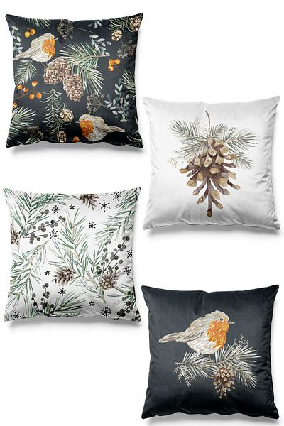 Pilloveland Set de 4 huse de pernă din piele intoarsa cu model de conuri imprimate pe doua fete Craciun Craciun Anul Nou