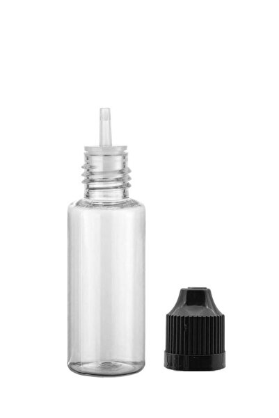 Güvenç Ambalaj 100 Adet - 20ml Şeffaf Plastik Likit Şişesi - Iğne Uclu Damlalıklı Pet Şişe, Siyah Kapaklı