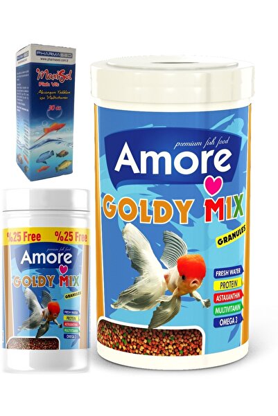 AMORE Japon Balığı Yemi Mix Granüles 1000 ve 125 ml Kutu ve 30 cc Vitamin Seti