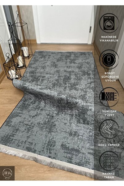 MBA Anthracite Patterned Emboss Fringed - Washable Carpet with Non-Slip Base