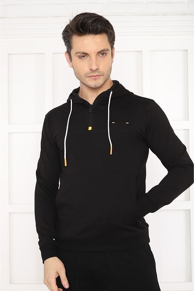 NEED LİFE Men's Black Half Zipper Corded Hooded Men's Sweat