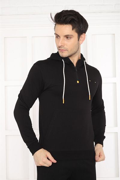 NEED LİFE Men's Black Half Zipper Corded Hooded Men's Sweat