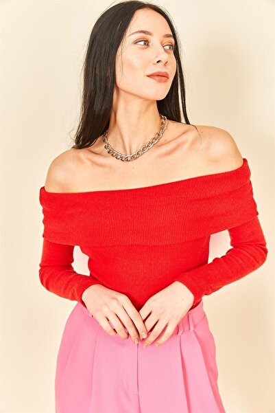 bossladystil Crveni bodi sa madoninom kragnom Rebrasta pletenina