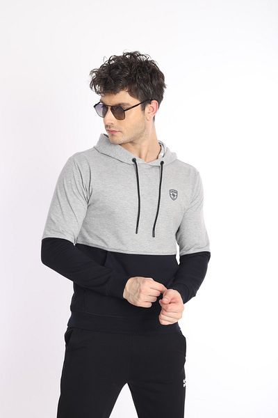 NEED LİFE Men's Navy Blue-gray Melange Khaki Hooded Kangaroo Pocket Sweatshirt