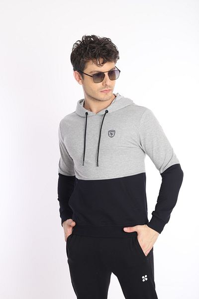 NEED LİFE Men's Navy Blue-gray Melange Khaki Hooded Kangaroo Pocket Sweatshirt