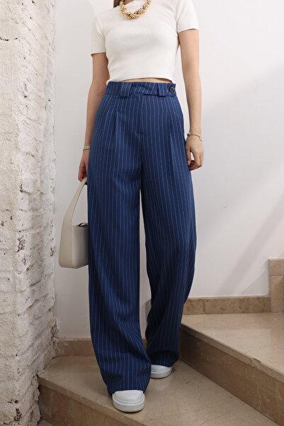 vuvutasarım Жіночі брюки з широкими штанинами, смугасті, з деталями на талії, темно-сині 2042