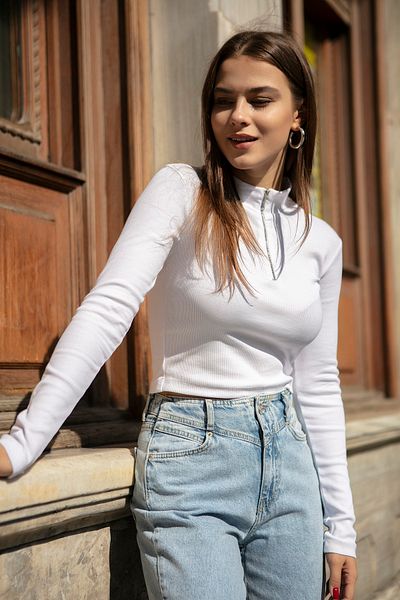 Pattaya Gerippte, langärmlige Crop-Bluse für Damen P21s201-2319